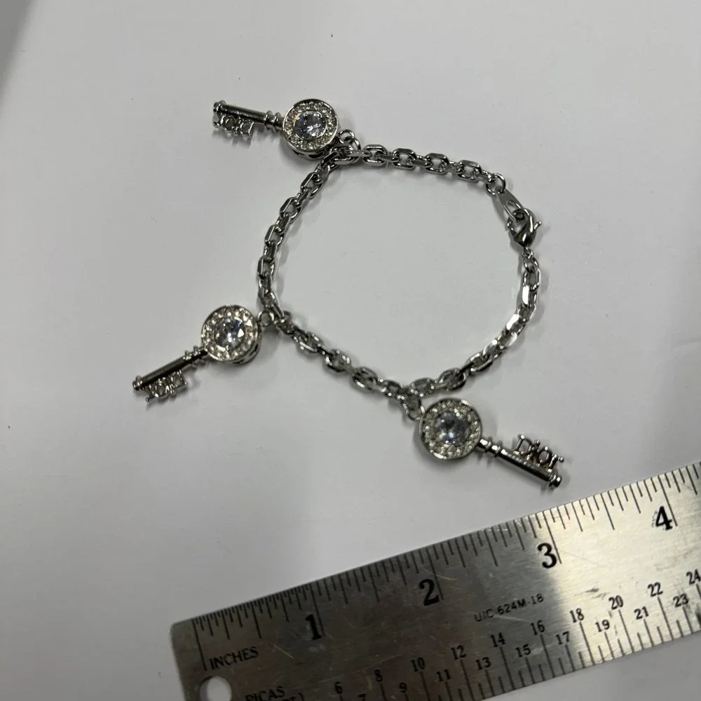 Christian Dior Silver Tone Key Charm Bracelet Crystal Logo Jewelry